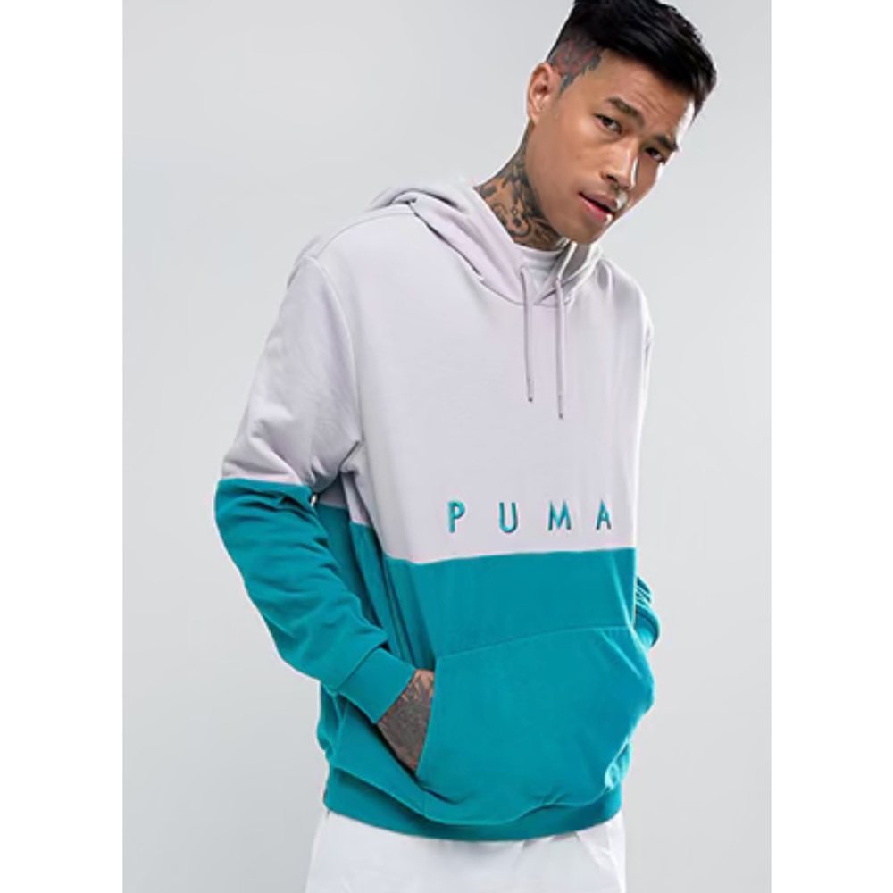 Rare PUMA Pullover Mixed-Polar Fleece Hoodie Teal Light Gray M Retro Vintage
